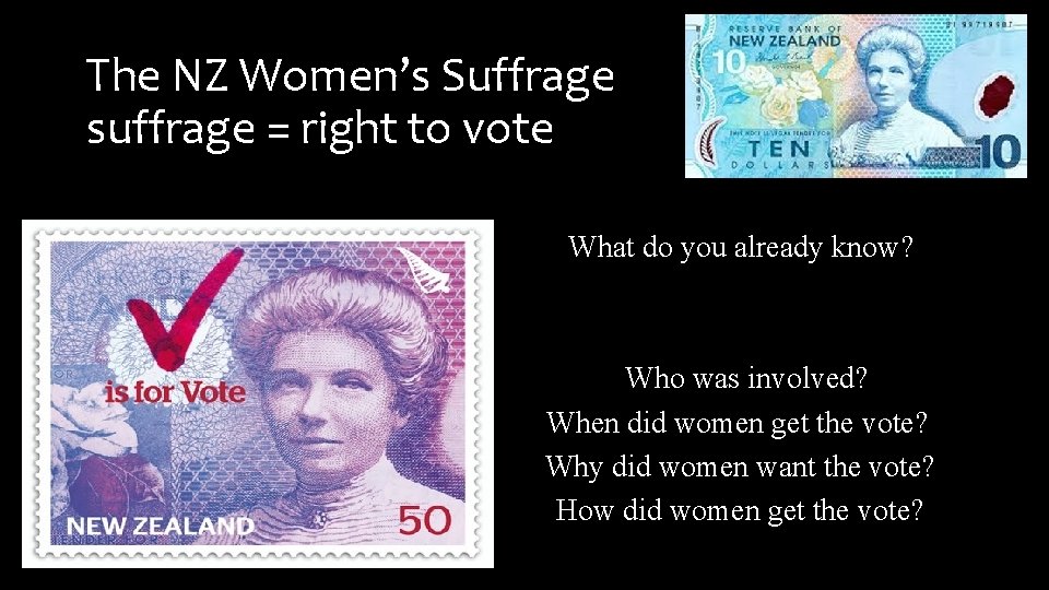The NZ Women’s Suffrage suffrage = right to vote What do you already know?