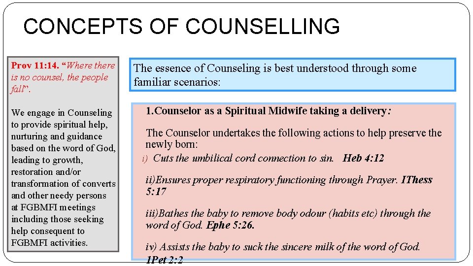 CONCEPTS OF COUNSELLING Prov 11: 14. “Where there is no counsel, the people fall”.