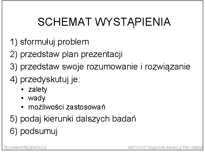 SCHEMAT WYSTĄPIENIA 1) sformułuj problem 2) przedstaw plan prezentacji 3) przedstaw swoje rozumowanie i