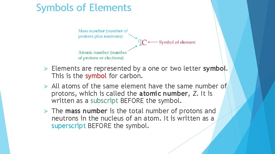 Symbols of Elements are represented by a one or two letter symbol. This is