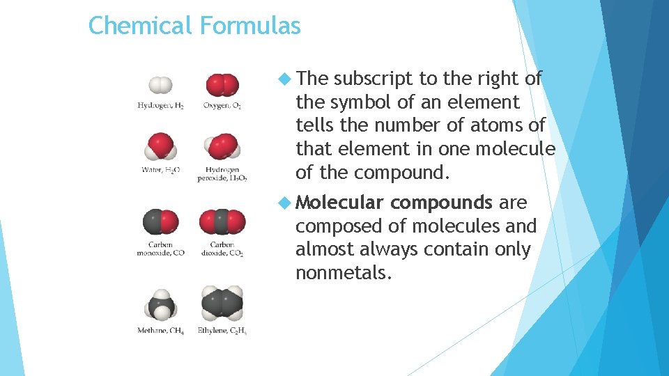 Chemical Formulas The subscript to the right of the symbol of an element tells