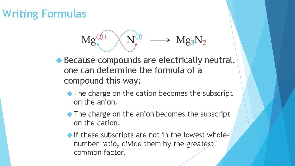 Writing Formulas Because compounds are electrically neutral, one can determine the formula of a