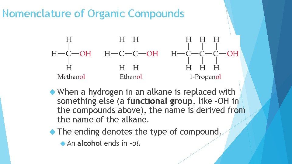 Nomenclature of Organic Compounds When a hydrogen in an alkane is replaced with something