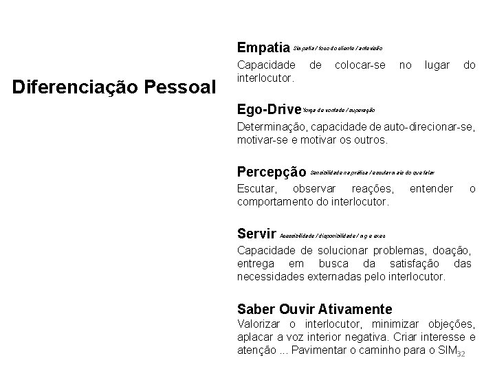 Empatia Diferenciação Pessoal Simpatia / foco do cliente / antevisão Capacidade interlocutor. Ego-Drive de