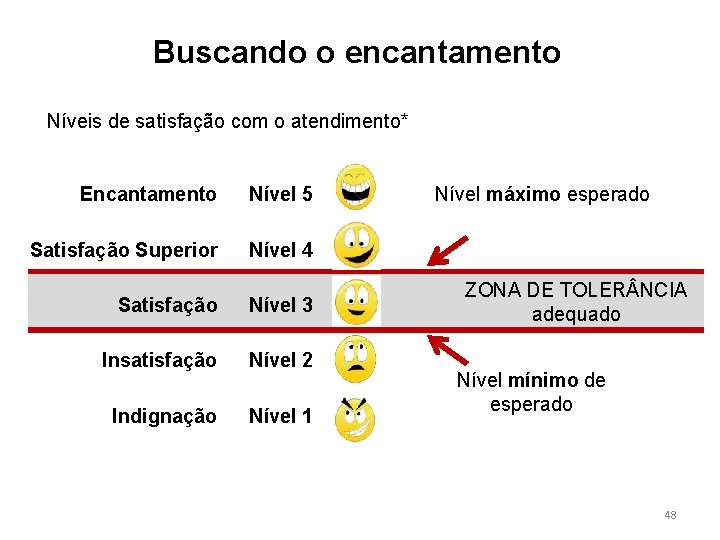 Buscando o encantamento Níveis de satisfação com o atendimento* Encantamento Nível 5 Satisfação Superior