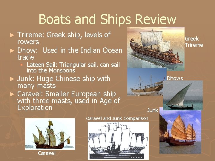 Boats and Ships Review Trireme: Greek ship, levels of rowers ► Dhow: Used in