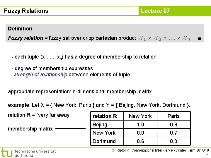 Fuzzy Relations Lecture 07 Definition Fuzzy relation = fuzzy set over crisp cartesian product