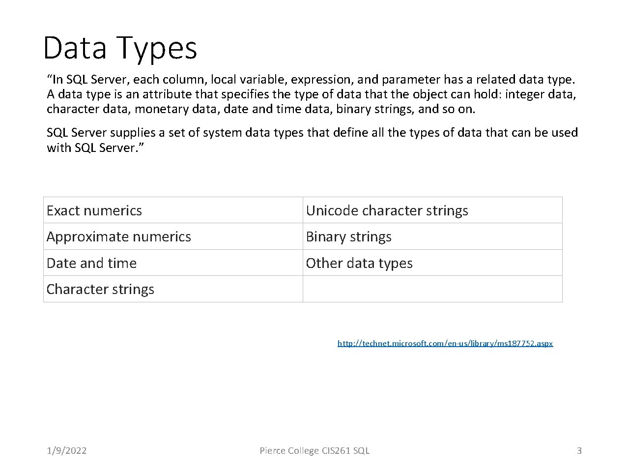 Data Types “In SQL Server, each column, local variable, expression, and parameter has a