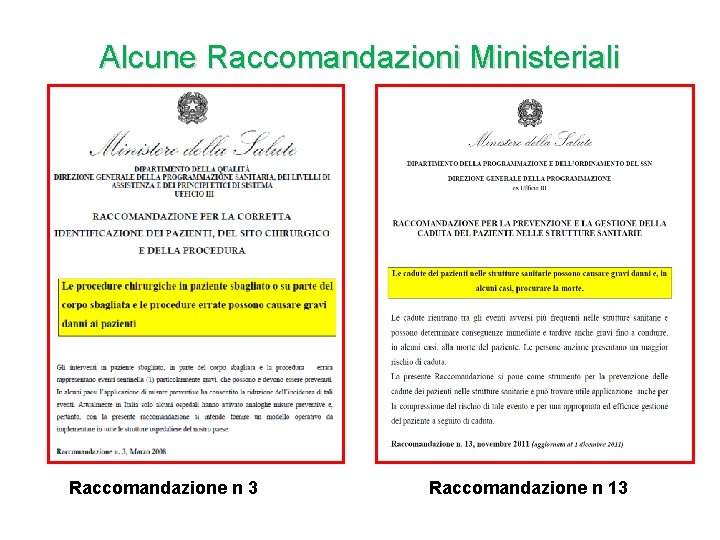 Alcune Raccomandazioni Ministeriali Raccomandazione n 3 Raccomandazione n 13 