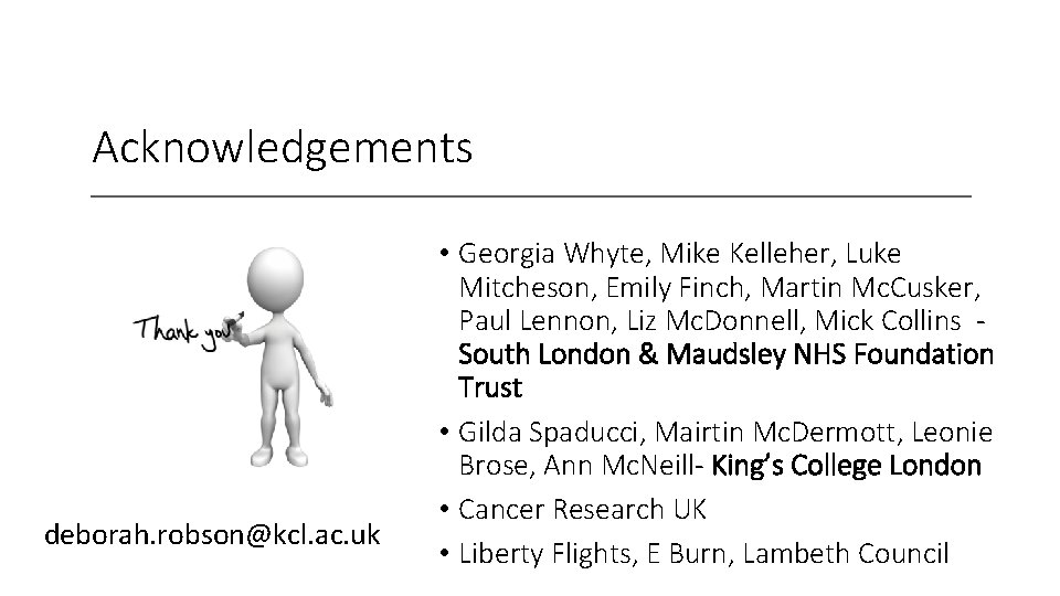 Acknowledgements deborah. robson@kcl. ac. uk • Georgia Whyte, Mike Kelleher, Luke Mitcheson, Emily Finch,