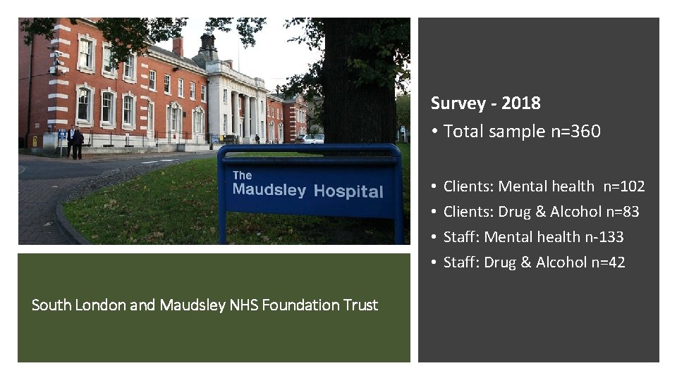 Survey - 2018 • Total sample n=360 • • South London and Maudsley NHS