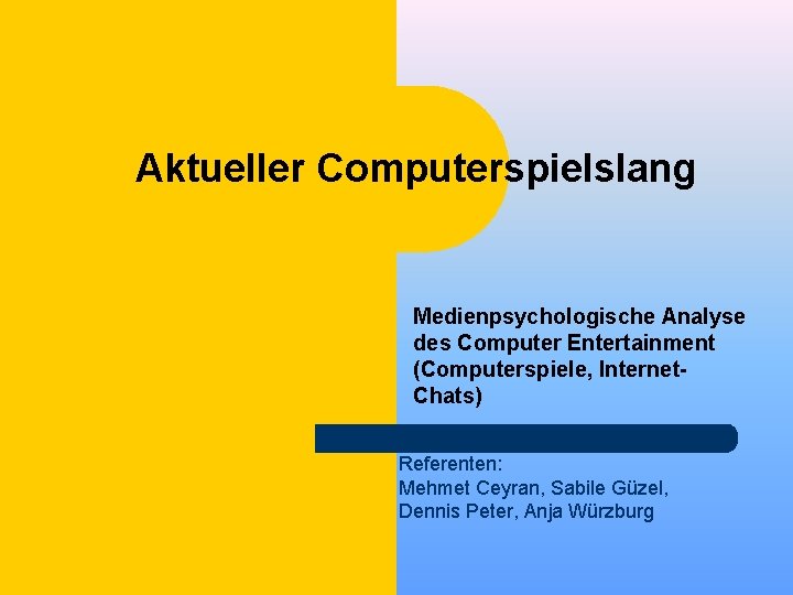 Aktueller Computerspielslang Medienpsychologische Analyse des Computer Entertainment (Computerspiele, Internet. Chats) Referenten: Mehmet Ceyran, Sabile