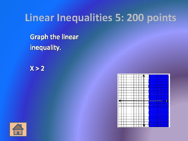 Linear Inequalities 5: 200 points Graph the linear inequality. X>2 