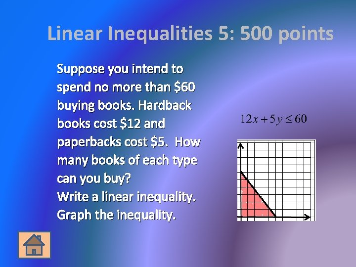 Linear Inequalities 5: 500 points Suppose you intend to spend no more than $60