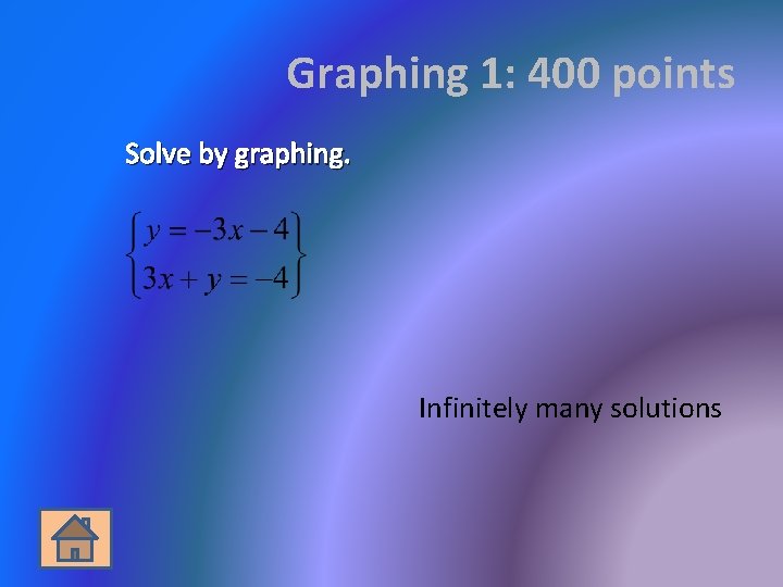 Graphing 1: 400 points Solve by graphing. Infinitely many solutions 