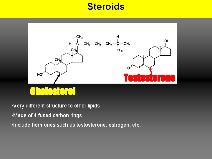 Steroids Testosterone Cholesterol • Very different structure to other lipids • Made of 4