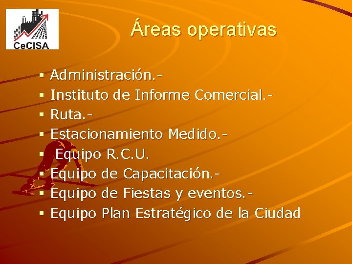 Áreas operativas § § § § Administración. Instituto de Informe Comercial. Ruta. Estacionamiento Medido.