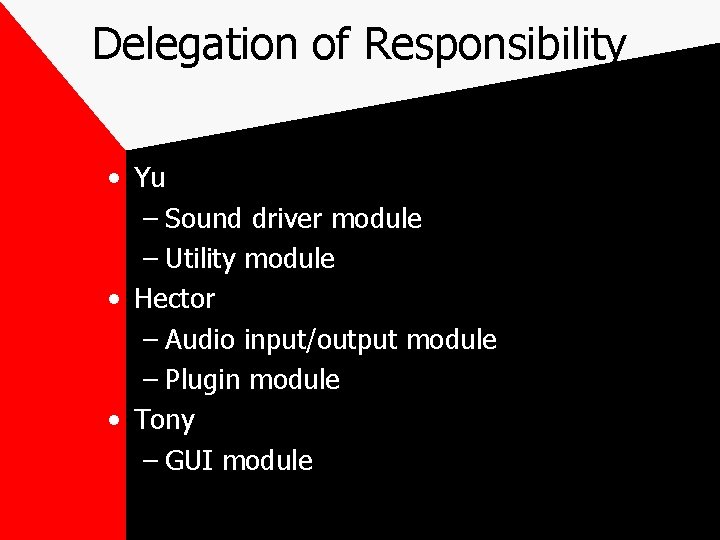 Delegation of Responsibility • Yu – Sound driver module – Utility module • Hector