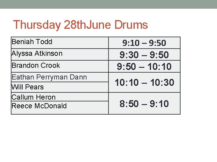 Thursday 28 th. June Drums Beniah Todd Alyssa Atkinson Brandon Crook Eathan Perryman Dann