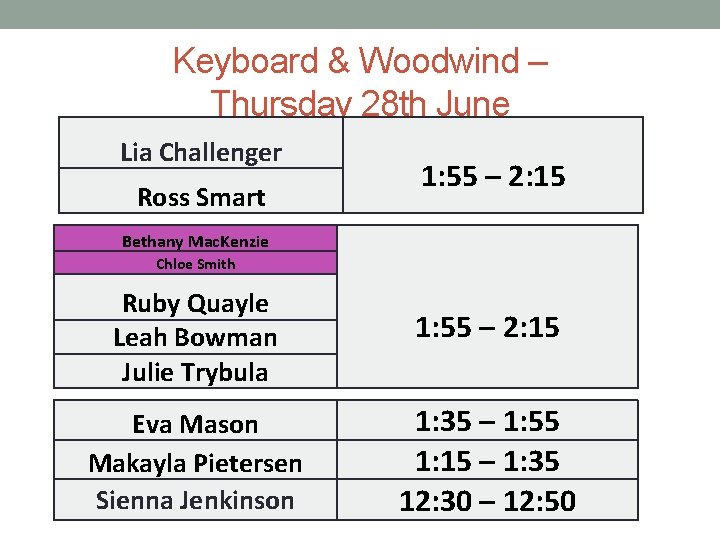 Keyboard & Woodwind – Thursday 28 th June Lia Challenger Ross Smart 1: 55