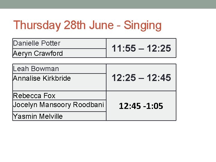 Thursday 28 th June - Singing Danielle Potter Aeryn Crawford Leah Bowman Annalise Kirkbride