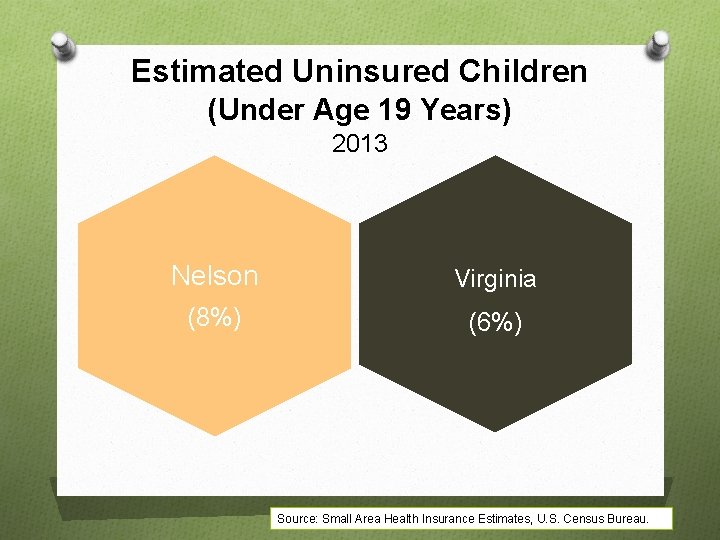 Estimated Uninsured Children (Under Age 19 Years) 2013 Nelson Virginia (8%) (6%) Source: Small Estimated Uninsured Children (Under Age 19 Years) 2013 Nelson Virginia (8%) (6%) Source: Small
