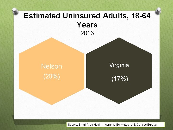 Estimated Uninsured Adults, 18 -64 Years 2013 Nelson Virginia (20%) (17%) Source: Small Area