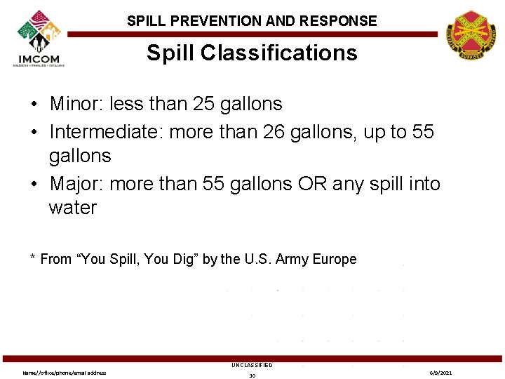 SPILL PREVENTION AND RESPONSE Spill Classifications • Minor: less than 25 gallons • Intermediate: