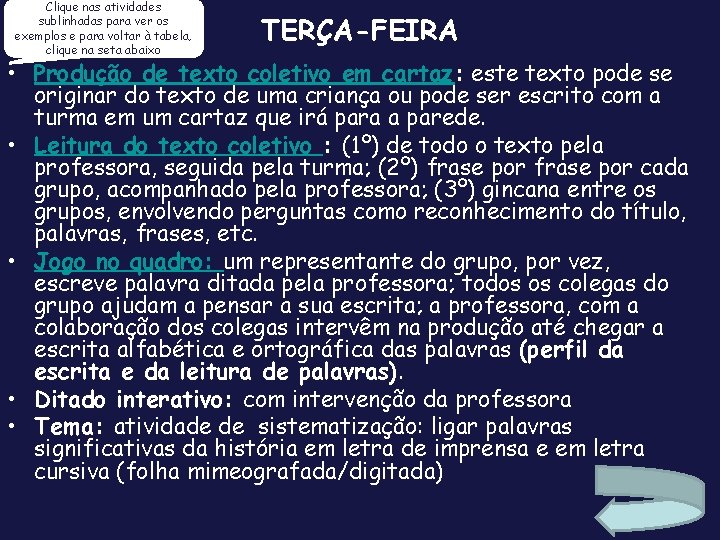 Clique nas atividades sublinhadas para ver os exemplos e para voltar à tabela, clique