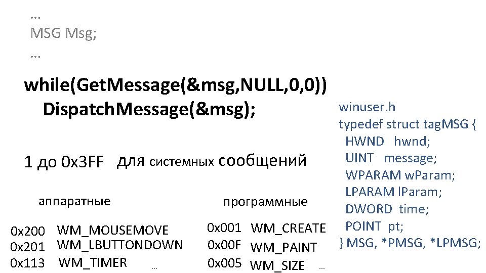 … MSG Msg; … while(Get. Message(&msg, NULL, 0, 0)) Dispatch. Message(&msg); winuser. h typedef