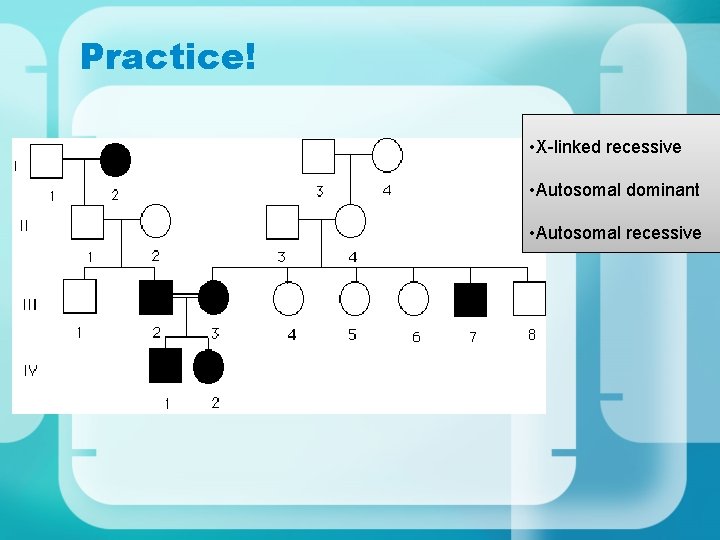 Practice! • X-linked recessive • Autosomal dominant • Autosomal recessive 