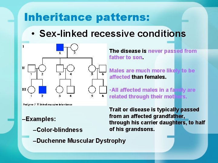 Inheritance patterns: • Sex-linked recessive conditions The disease is never passed from father to