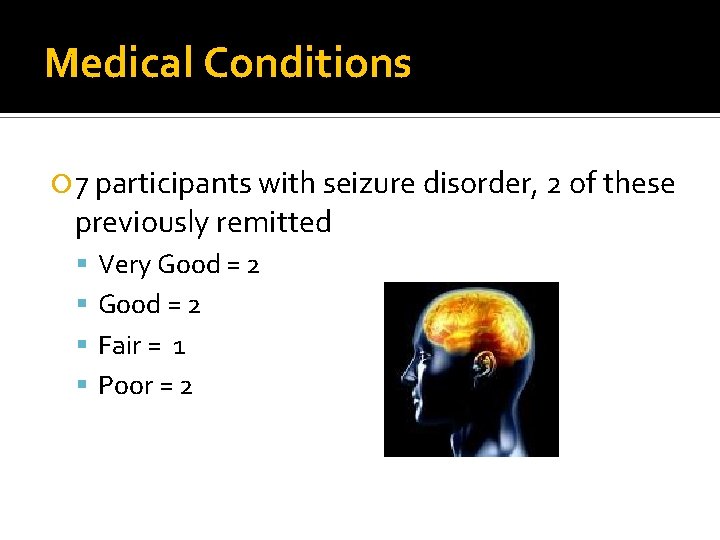 Medical Conditions 7 participants with seizure disorder, 2 of these previously remitted Very Good