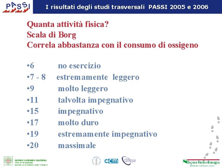 I risultati degli studi trasversali PASSI 2005 e 2006 Quanta attività fisica? Scala di