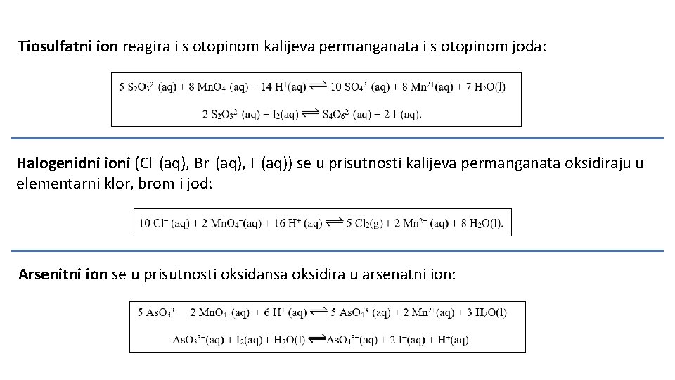 Tiosulfatni ion reagira i s otopinom kalijeva permanganata i s otopinom joda: Halogenidni ioni