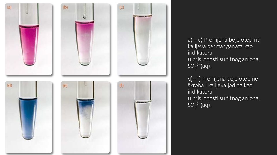 a) – c) Promjena boje otopine kalijeva permanganata kao indikatora u prisutnosti sulfitnog aniona,