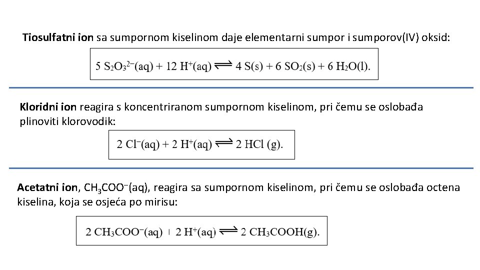 Tiosulfatni ion sa sumpornom kiselinom daje elementarni sumporov(IV) oksid: Kloridni ion reagira s koncentriranom