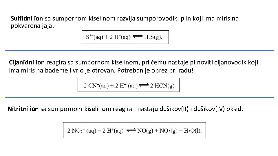 Sulfidni ion sa sumpornom kiselinom razvija sumporovodik, plin koji ima miris na pokvarena jaja: