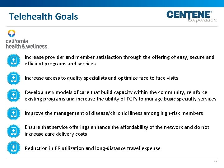 Telehealth Goals Increase provider and member satisfaction through the offering of easy, secure and