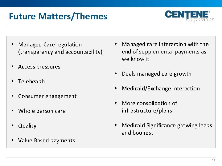 Future Matters/Themes • Managed Care regulation (transparency and accountability) • Access pressures • Telehealth