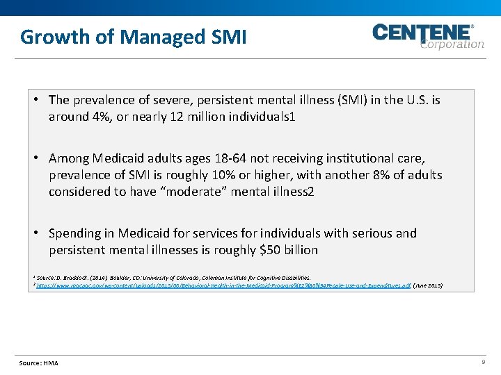 Growth of Managed SMI • The prevalence of severe, persistent mental illness (SMI) in