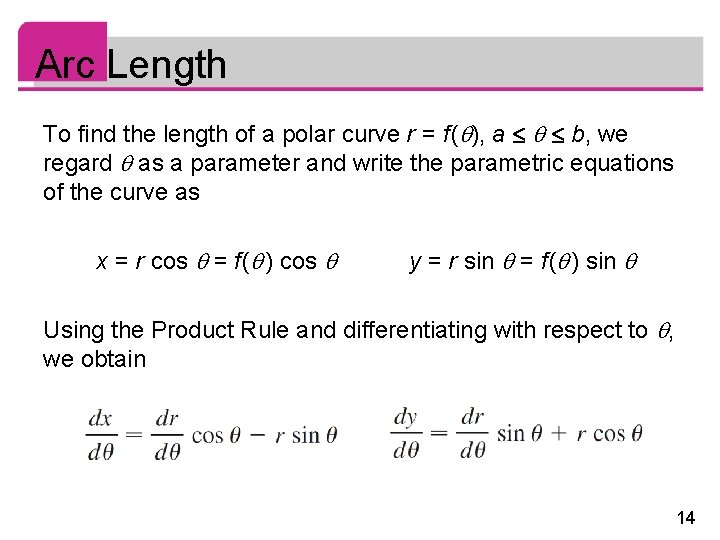 Arc Length To find the length of a polar curve r = f (