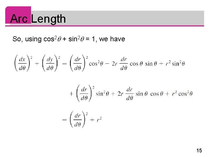 Arc Length So, using cos 2 + sin 2 = 1, we have 15