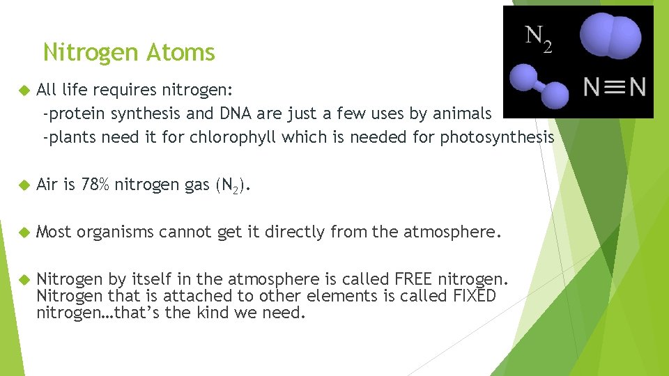 Nitrogen Atoms All life requires nitrogen: -protein synthesis and DNA are just a few