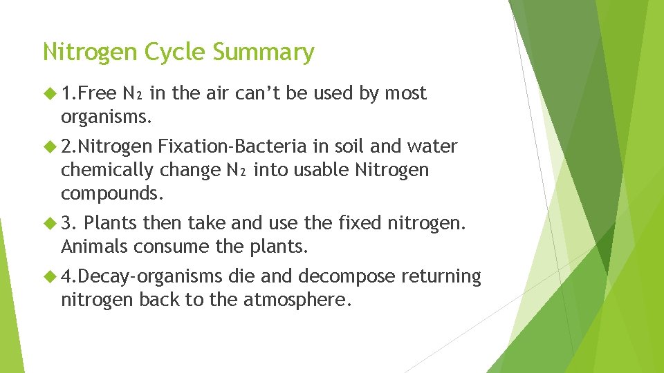 Nitrogen Cycle Summary 1. Free N₂ in the air can’t be used by most