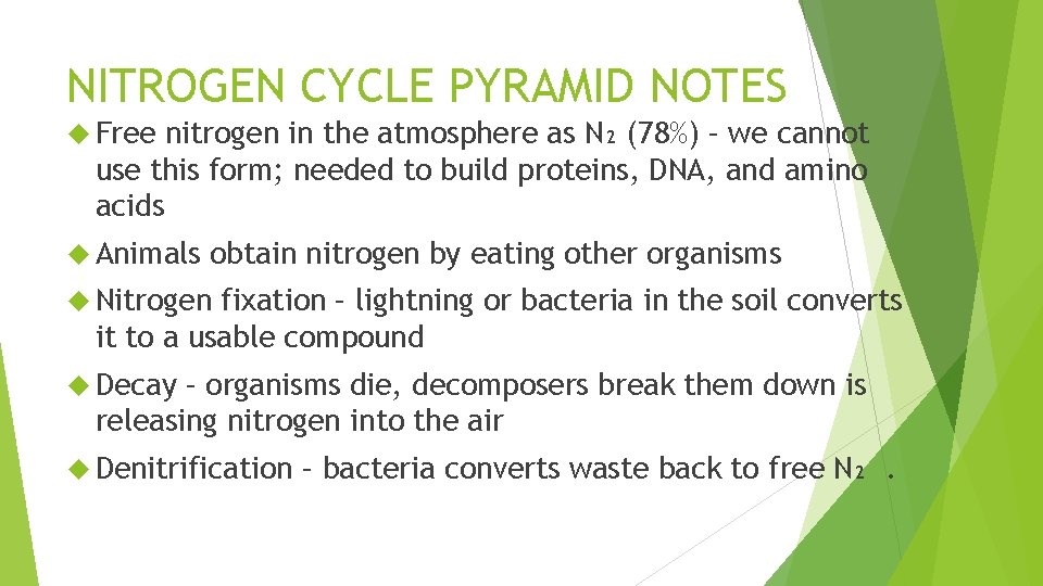 NITROGEN CYCLE PYRAMID NOTES Free nitrogen in the atmosphere as N₂ (78%) – we