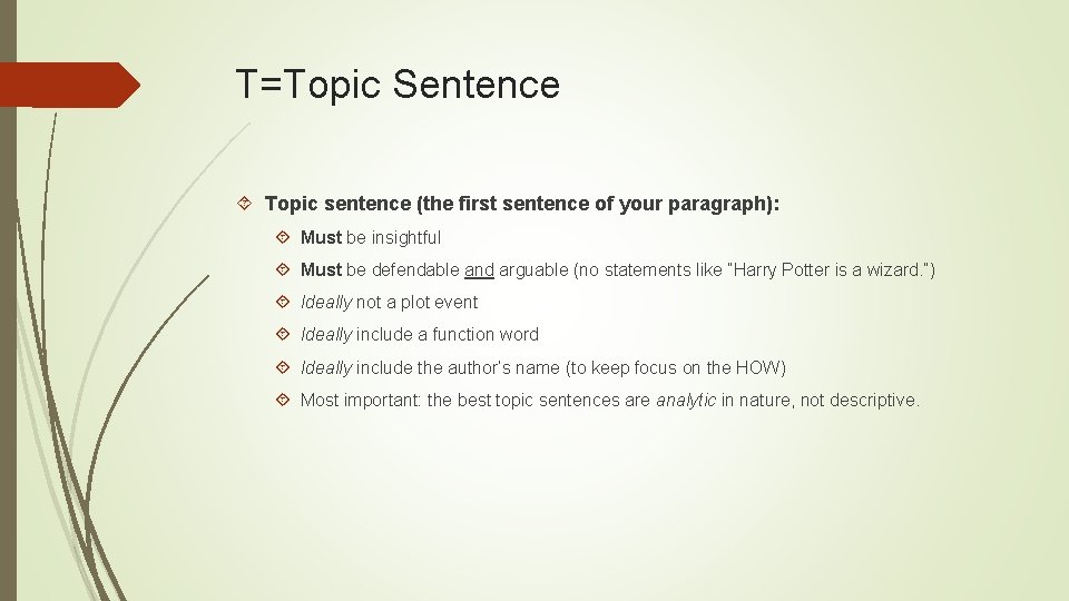 T=Topic Sentence Topic sentence (the first sentence of your paragraph): Must be insightful Must