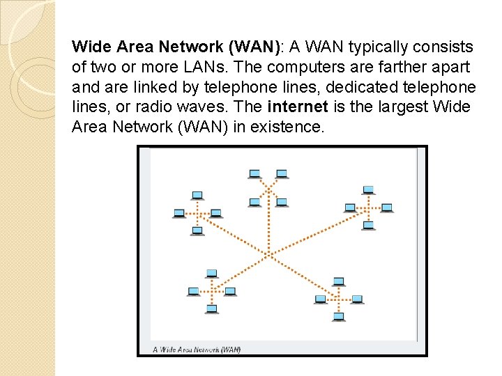 Wide Area Network (WAN): A WAN typically consists of two or more LANs. The