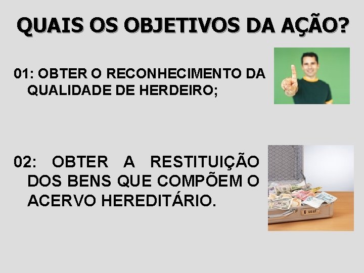 QUAIS OS OBJETIVOS DA AÇÃO? 01: OBTER O RECONHECIMENTO DA QUALIDADE DE HERDEIRO; 02: