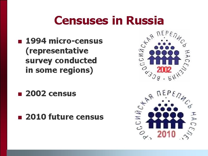 Censuses in Russia n 1994 micro-census (representative survey conducted in some regions) n 2002